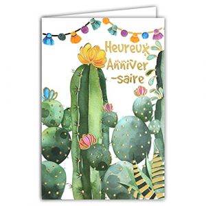 Afie 69-7065 Carte Heureux Anniversaire Cactus Fleurs Pompons Noir et Or Dorée Fêter Souhaiter Brillant Chic Tendance à la mode