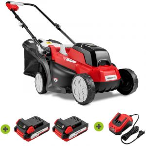 Greencut Tondeuse à batterie sans fil 40V GLM200L, 2 batteries 20V 2 ou 4 Ah + 1 chargeur, largeur de coupe 33cm, 5 hauteurs, 3900RPM, panier de