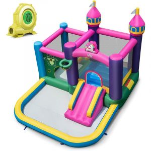 COSTWAY Structure Gonflable avec Gonfleur 680W Piscine &agrave; Eclaboussures Maison Lat&eacute;rale Toboggan Aquatique Int&eacute;rieur Ext&eacute;rieur