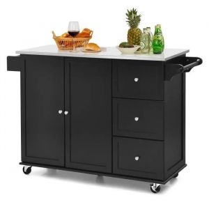 Desserte de Cuisine sur roulettes, Îlot Central Cuisine Plateau en Acier Inoxydable, avec 3 Tiroirs, Armoire à 2 Portes, Etagères Réglables,