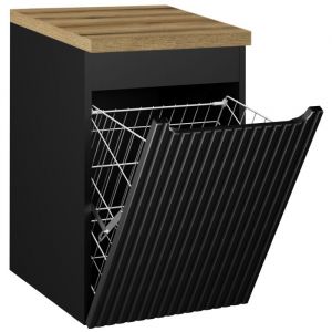 Meuble bas de salle de bain NOVA noir avec panier &agrave; linge et plan en ch&ecirc;ne 40 cm