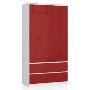 Armoire AKORD S90 Blanche 90 cm 2 portes 2 tiroirs façade Rouge Brillante 4 étagères 90x51x180 cm