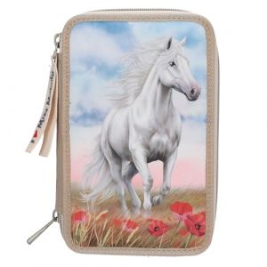 Depesche 13341 Miss Melody Poppy Sand - Trousse à Crayons 3 Compartiments remplie en Beige, avec Motif de Chevaux et de Coquelicots, Trousse à Crayons avec Crayons de Couleur et Bien Plus Encore