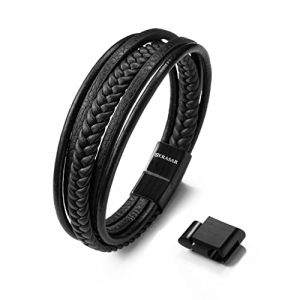 Bracelet en Cuir Véritable Masculin SERASAR B002-25 Noir 25cm cadeau danniversaire parfait pour père ou frère.