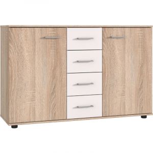 Pegane Commode,meuble de rangement coloris imitation chêne, rechampis blanc - Longueur 130 x Hauteur 83 x Profondeur 41 cm -