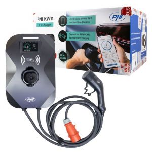 Chargeur PNI KW11 16A (11 kW) pour EV, 415 V, triphas&eacute;, type 2, &eacute;cran 3,5", BT, app et carte RFID, IP55