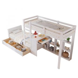 Lit superposé Lit enfant 90 x 200 cm avec échelle, étagère ouverte, clôture de sécurité, 2 tiroirs, bureau, blanc