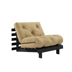 Fauteuil convertible futon ROOTS pin laqué noir matelas 90 x 200 cm coloris beige blé