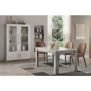 CLARK - Ensemble S&eacute;jour Blanc et Marbre Table 160cm + Vitrine 4 Portes avec Leds - Altobuy