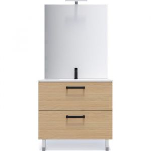 Homifab - Meuble de salle de bain suspendu avec pieds vasque int&eacute;gr&eacute;e 90cm 2 tiroirs Ch&ecirc;ne clair + miroir - Chelsea
