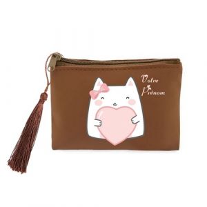 Porte monnaie et porte cles marron Taperso avec motif Chat et coeur personnalisable