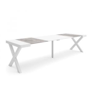 Table console extensible, Console meuble, 300, Pour 14 personnes, Pieds bois massif, Style moderne, Blanc et Gris Ciment - Skraut Home