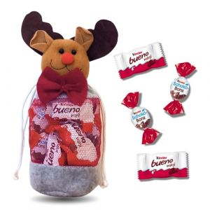 KINDER Noël | Sac Renne Noël gris garni de 30 chocolats Kinder Schokobons et Mini Bueno | Un Cadeau Original pour gâter les Gourmands