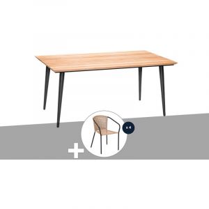 Jardiline Table de jardin rectangulaire en bois teck Comores avec 4 fauteuils Cocos