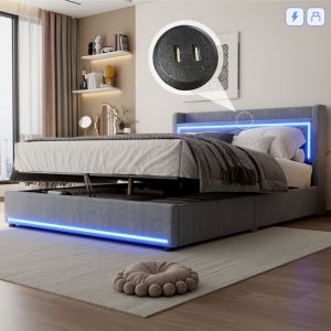 Lit coffre en lin 160x200cm - avec led et usb - Gris