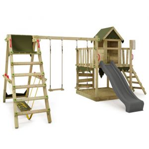 Fatmoose Tour de jeux Portique d'escalade JazzyJungle avec SurfSwing & Toboggan, cabane de jeu avec bac à sable, Échelle & accessoires de jeu – anthracite