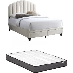 Vente-unique - Lit 160 x 200 cm avec tiroirs - Velours - Ivoire + Matelas - ilisio