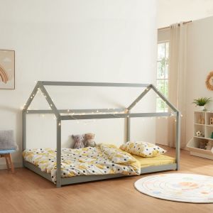 Lit cabane pour enfant Cerro bois de pin contreplaqué 120 x 200 cm gris
