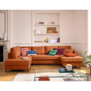 Anna - canap&eacute; panoramique d'angle gauche 7 places convertible avec coffre en velours textur&eacute; - Rouille