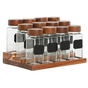 Wadiga Set de 12 pots à épices en verre et support en bois 20.5x16.5x13cm
