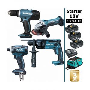 Makita Pack starter 18v: perceuse ddf453 + perfo dhr165 + meuleuse dga452 + visseuse à choc dtd146 + 3 batt 3ah + sac