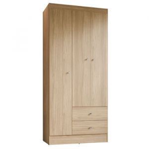 Armoire Penderie 3 Portes 2 Tiroirs 5 Niches Ch&ecirc;ne L 81.2 H 182.4 P 46.3 cm
