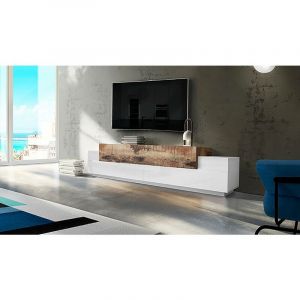 Image de Alter Meuble TV de salon, Made in Italy, Meuble TV avec 3 portes et étagères, 240x45h52 cm, Couleur blanc brillant et érable