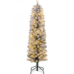Homcom Sapin de Noël artificiel LED H.150 cm - sapin de Noël mince enneigé - 263 branches 120 LED blanc chaud