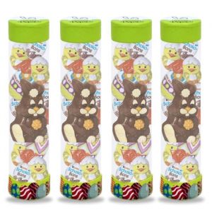 4 petits Tubes garnis de 11 chocolats de P&acirc;ques: Kinder Schokobons, &OElig;ufs et Moulages | Id&eacute;al pour offrir ou d&eacute;corer la table
