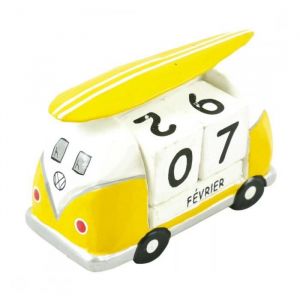 Calendrier perp&eacute;tuel Combi Van vintage en bois jaune Jaune