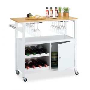 Relaxdays Desserte à roulettes, Chariot Cuisine, casier à vin, Porte-Verres, 83 x 92 x 40 cm, Bambou, MDF, Blanc/Nature