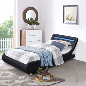 Provence Literie - Sommier 90x190 Lit Ava Noir + Tête de Lit Éclairage led Incurve Blanc - Pieds 5 cm - 13 Lattes - Revêtement pvc Simili Facile