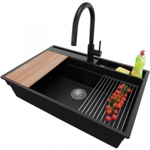 Primagran - Evier Cuisine en Granit 78x53cm, Lavabo 1 bac + Kit de Vidage + Accessoire, Évier à Encastrer au meuble 80cm - Oslo Pocket, Noir Métallisé