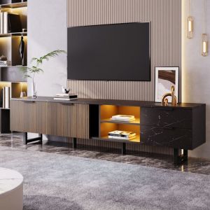 Fortuna Lai - Meuble tv led 200x50x38cm - avec 2 portes et 2 tiroirs - aspect marbre noir, portes grain de bois foncé - Noir
