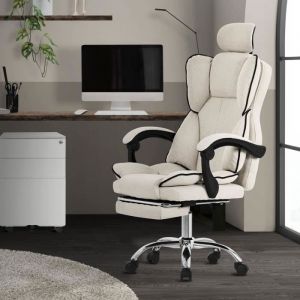Chaise de Bureau Ergonomique, Beige, Réglable en Hauteur avec Dossier Haut, Chaise Pivotante avec Repose-Pieds, Coussin et Appuie-Tête, Fauteuil de