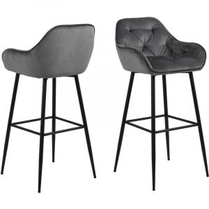 Hellin Tabouret haut avec accoudoirs en velours et métal (lot de 2) - Gris