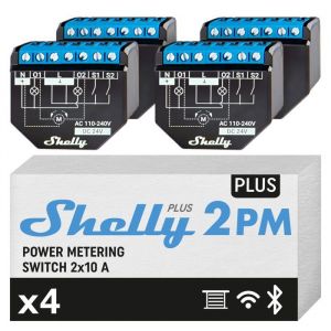 Shelly Plus 2PM - Interrupteur volet roulant connecté Wi-Fi, 2 Canaux - 16A, Compteur d'énergie connecté, Maison Domotique, Alexa & Google Home, App iOS Android - Lot de 4