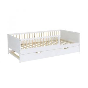 Lit gigogne enfant 90 x 190 cm pin naturel avec sommier &agrave; lattes et tiroir blanc - Elio