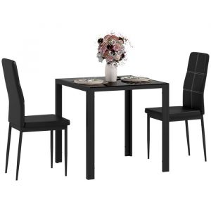 Homcom Ensemble table à manger carré et 2 chaises grand confort métal noir plateau verre trempé 8 mm