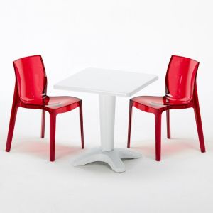 Grand Soleil Table et 2 chaises color&eacute;es polycarbonate ext&eacute;rieurs CAFF&Egrave; | Femme Fatale Rouge transparent - Blanc
