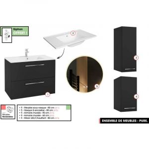 Emsemble complet de salle de bain - Meuble - Armoires - Miroir - Vasque &agrave; encastrer avec Siphon OFFERT PURE Noir 80 x 60 x 45 cm