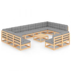 Image de VidaXL Salon de jardin 13 pièces fabriqué en bois de pin massif avec coussins gris