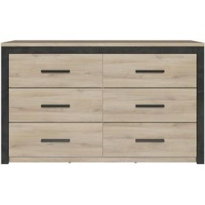 Commode 6 tiroirs Chêne clair/Noir - KHANDA - Bois - Bois - L 129 x l 42 x H 77 cm - Commode