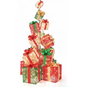 Costway - Lot de 15 Boîtes à Cadeaux Empilés Lumineuses de Noël 450 led, Décoration de Noël avec 8 Piquets et 32 Serre-câbles 5 Tailles de Boîtes