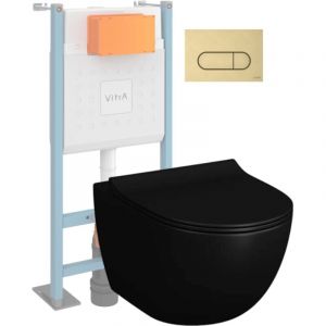 vitra Pack WC suspendu Sento noir + b&acirc;ti autoportant V-Fix Core + Plaque Round Or bross&eacute;e