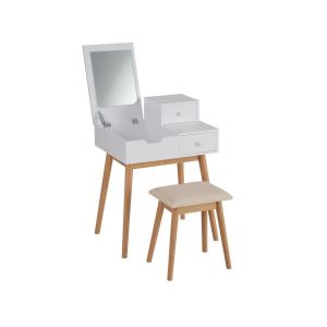 Image de Wadiga Coiffeuse bicolore bois et blanc avec miroir + tabouret - 60x49.5x85cm