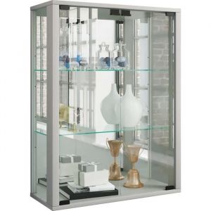 Udina vitrine accroch&eacute; au mur avec miroir 2 portes en verre Incl. lumi&egrave;res led couleur argent.