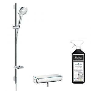 Hansgrohe Ensemble douche Raindance Select E 120 3 jets + mitigeur thermostatique Ecostat Select + Barre 90 cm + nettoyant