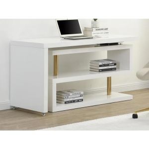 Vente-unique - Bureau extensible avec plateau pivotant 360°- mdf laqué - Blanc et doré - nicephore ii