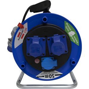 Brennenstuhl Rallonge électrique 50 mètres avec enrouleur de câble professionnel | fiche CEE 3 pôles, 230 V/16 A | 1 prise Schuko et 2 prises CEE 3 pôles 230 V/16 A auto-verrouillables | Série Garant